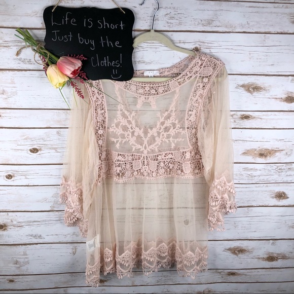 C+J Collection Tops - C+J Collection lace crochet sheer 3/4 bell sleeve